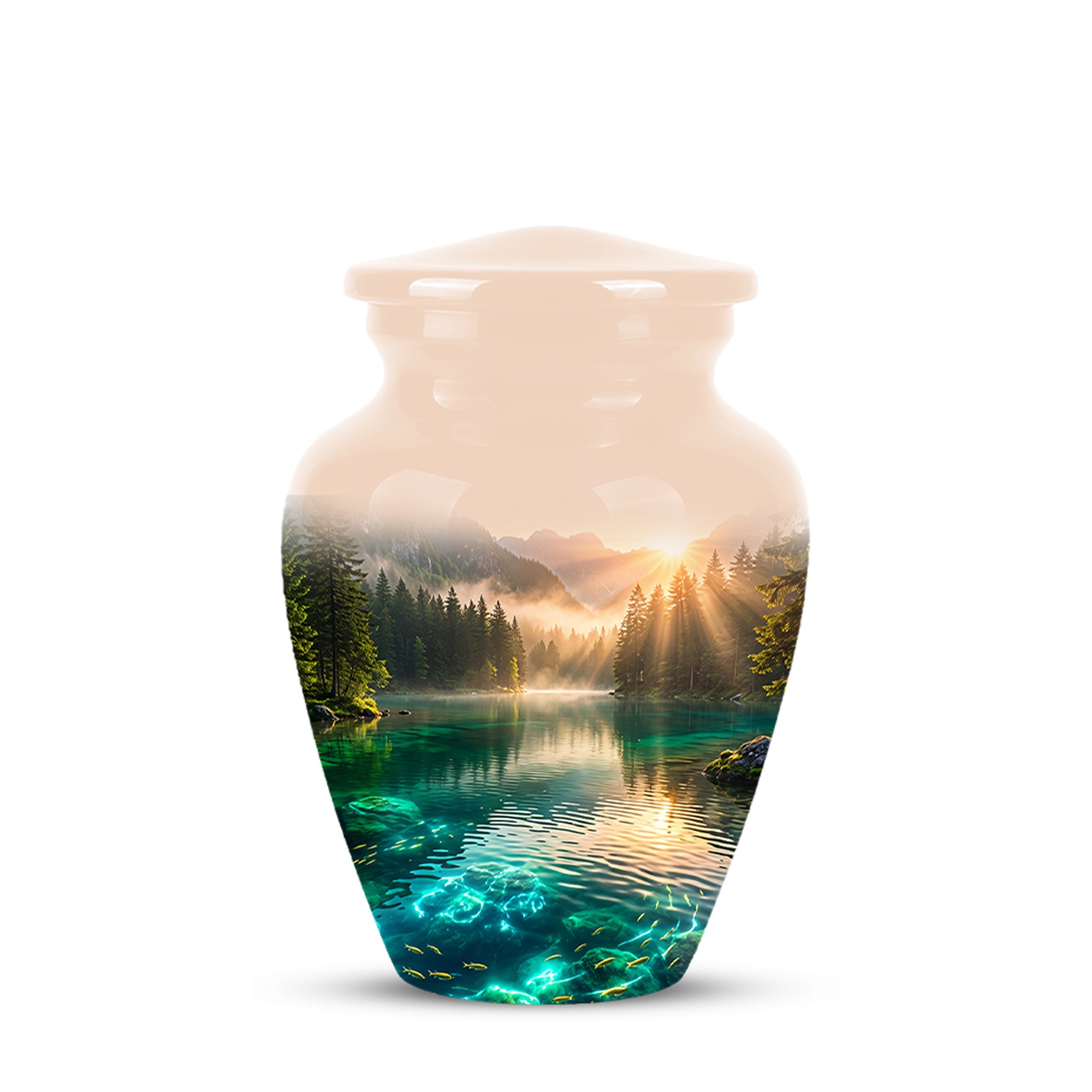 Serene Mountain Lake Cremation Urn- Custom Memorial Art Urns For Ashes