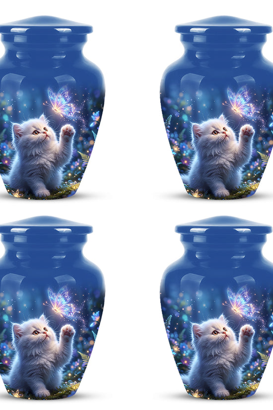 White Cat With Majestic Butterfly - Blue Cremation Urns For Human Ashes