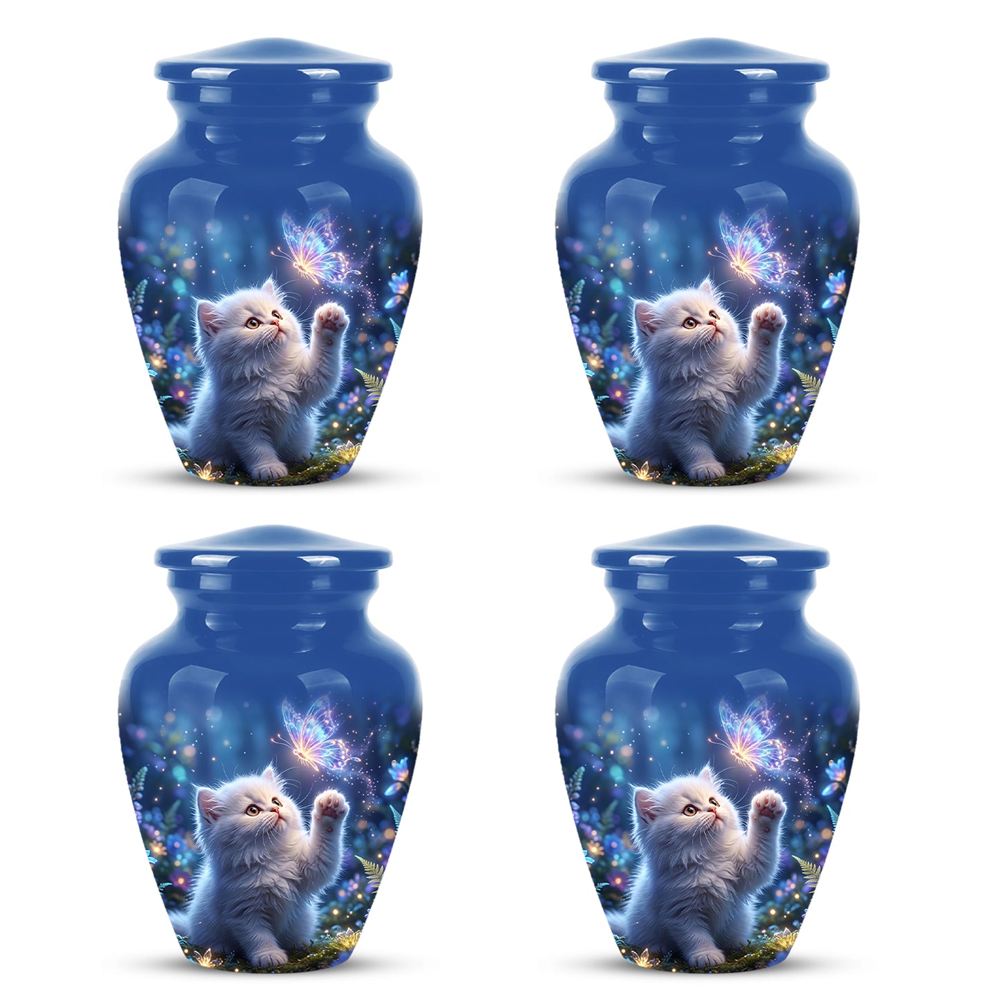 White Cat With Majestic Butterfly - Blue Cremation Urns For Human Ashes