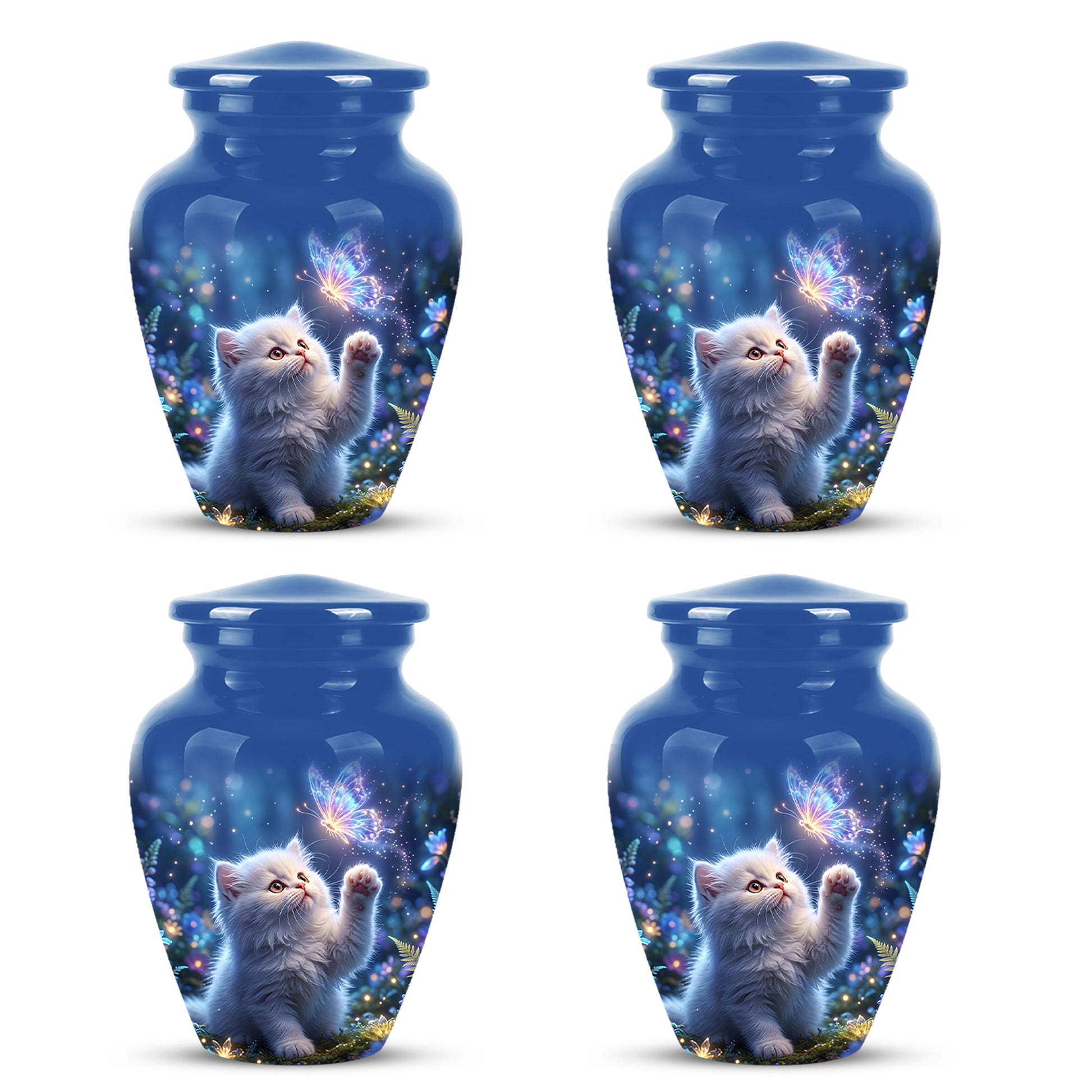 White Cat With Majestic Butterfly - Blue Cremation Urns For Human Ashes