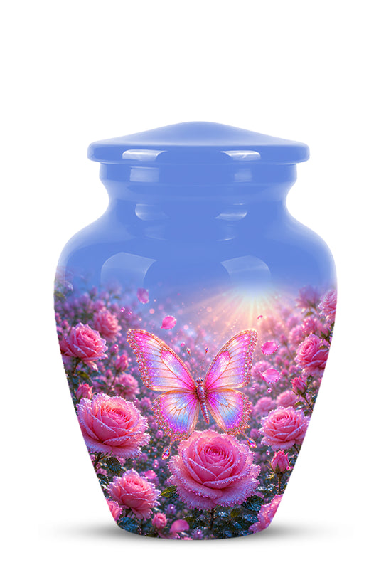 Pink Butterfly On Flower Funeral Urn - Handcrafted Urns For Mom Ashes