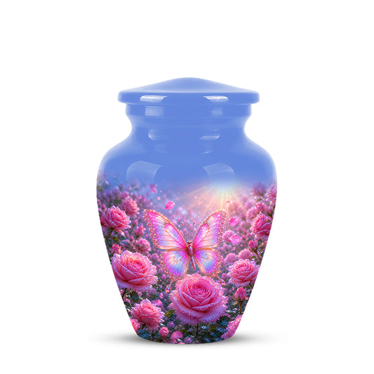 Pink Butterfly On Flower Funeral Urn - Handcrafted Urns For Mom Ashes