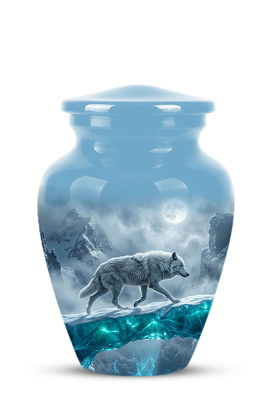White Wolf In Snow Themed Urn - Classic Custom Urns For Human Ashes