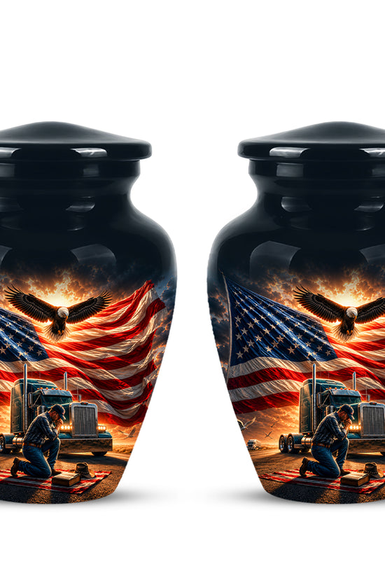 Personalized Patriotic Truck Driver Funeral Urn with American Flag Design