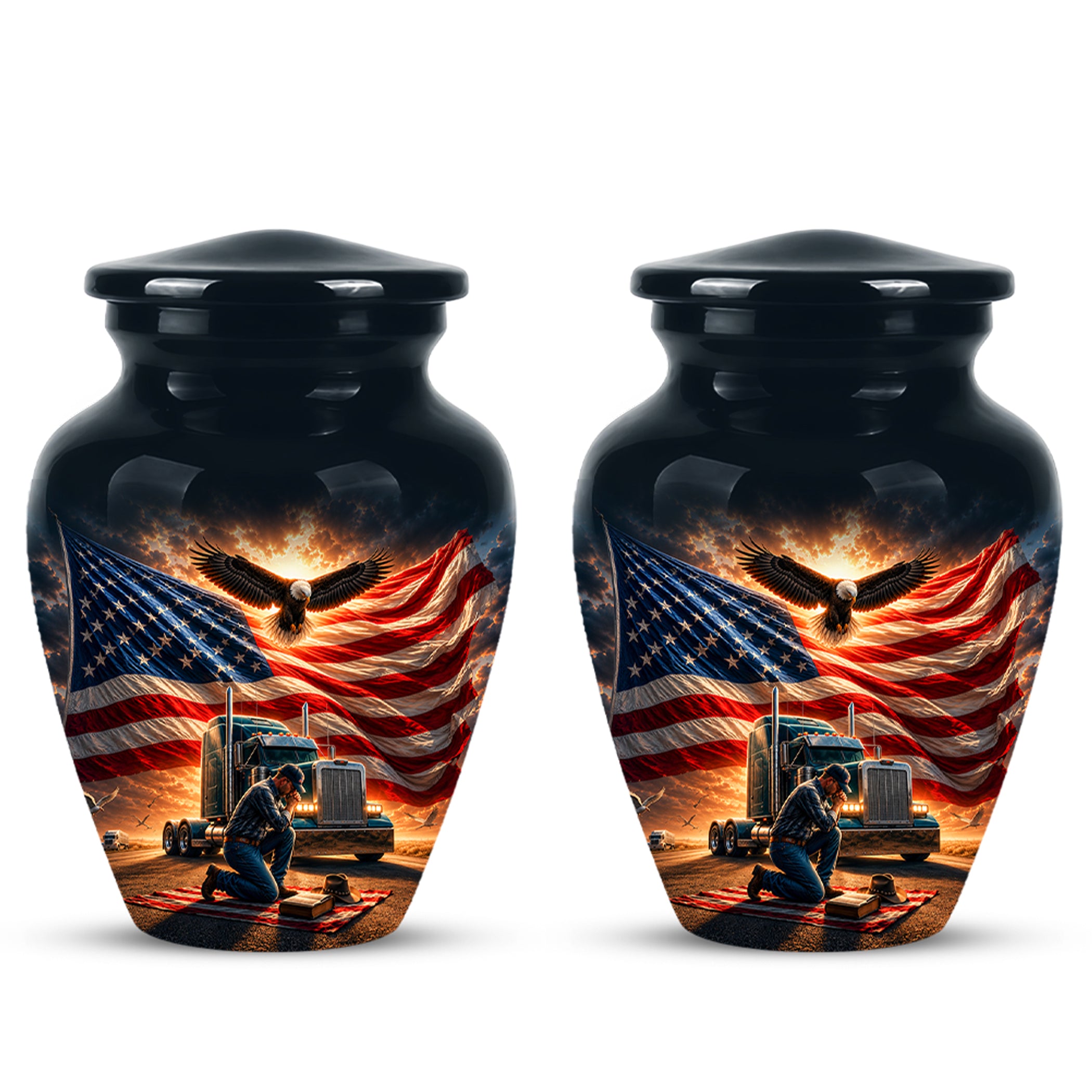Personalized Patriotic Truck Driver Funeral Urn with American Flag Design