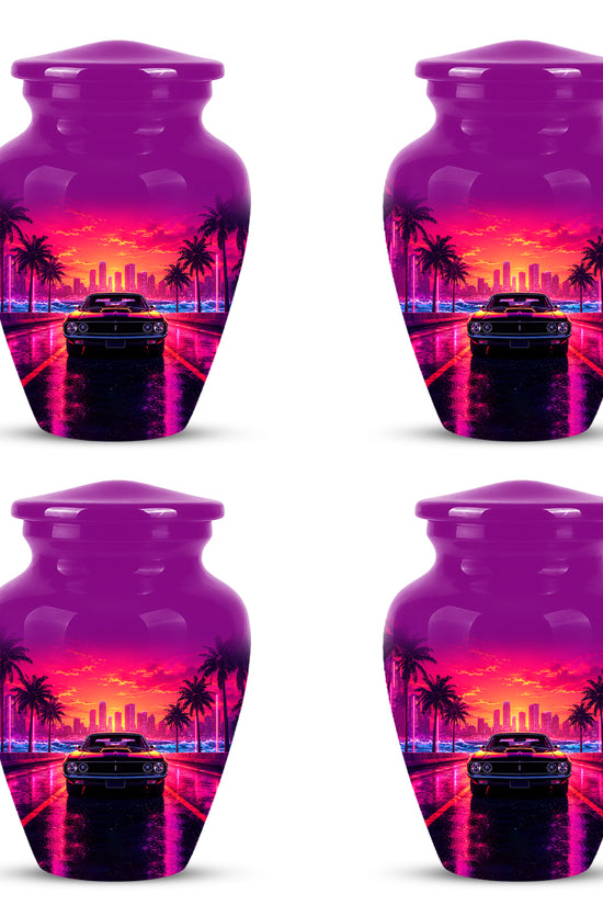 Neon Sunset Cityscape Sports Car Urn - Artistic Cremation Urn On Sale