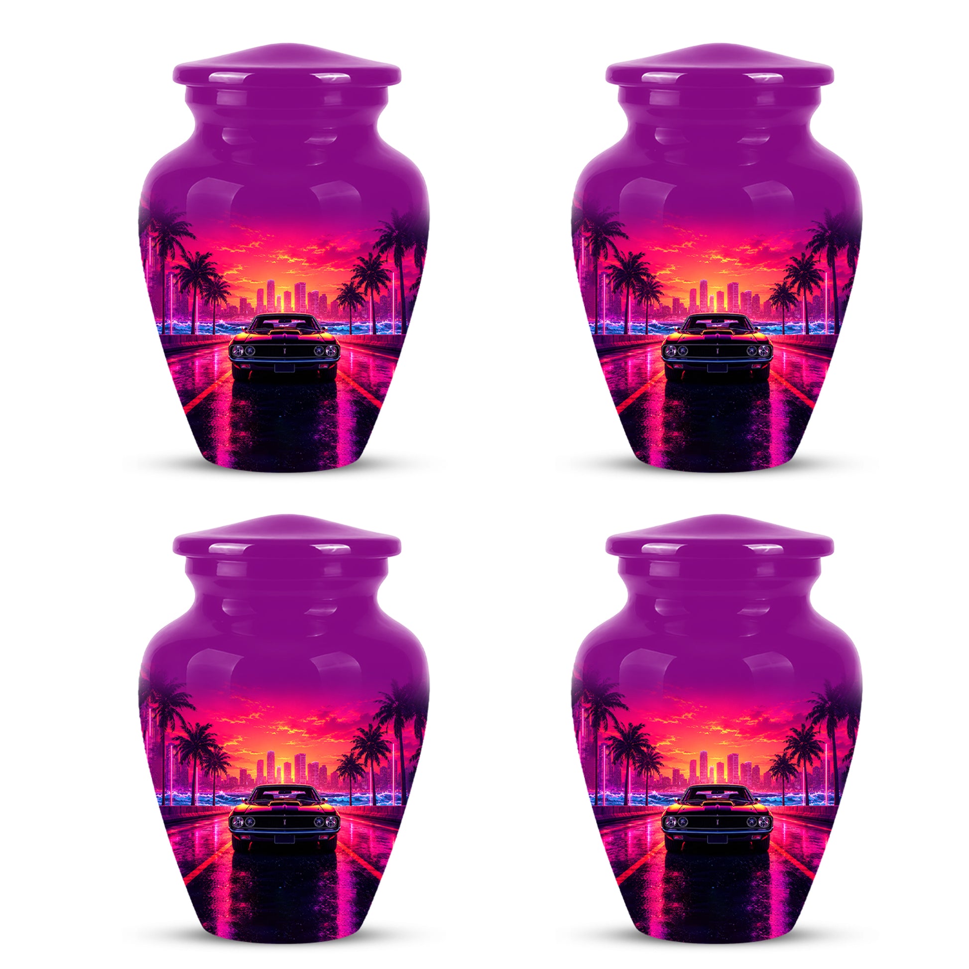 Neon Sunset Cityscape Sports Car Urn - Artistic Cremation Urn On Sale
