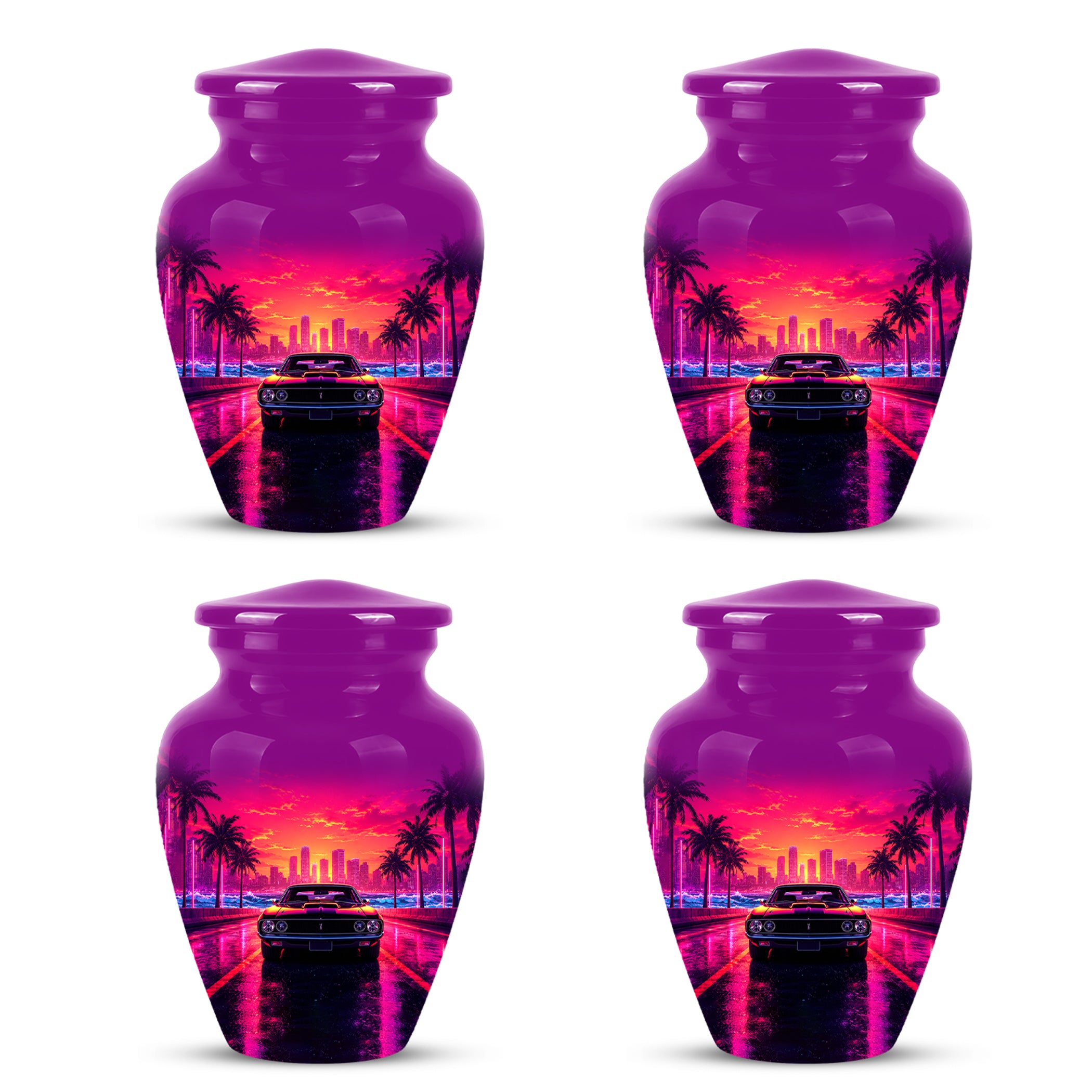 Neon Sunset Cityscape Sports Car Urn - Artistic Cremation Urn On Sale