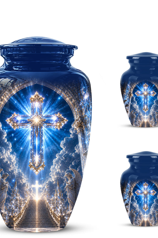 Heavenly Cross Cremation Urn – Blue Memorial Urn For Human Ashes