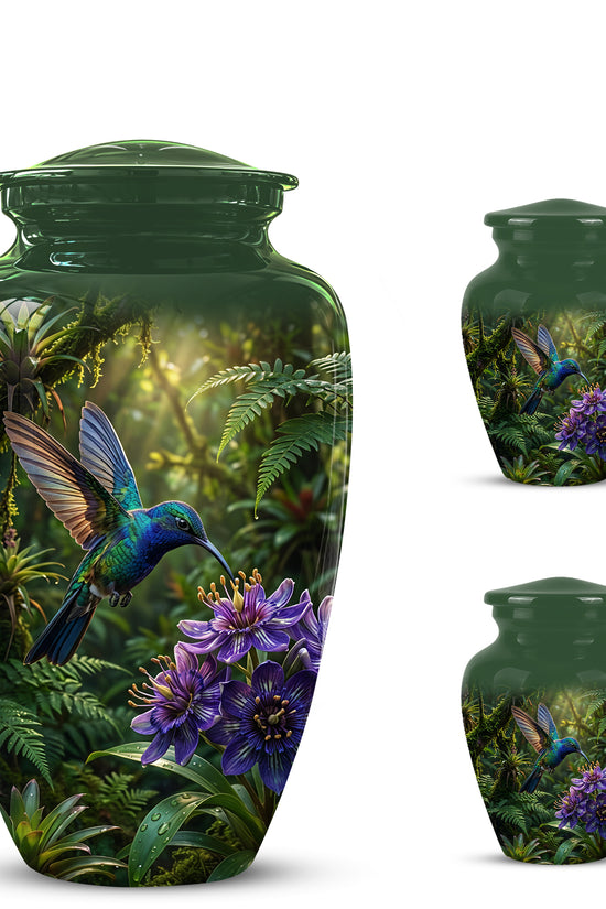 Flying Hummingbird Themed Urn - Beautiful Purple Flower Cremation Urns