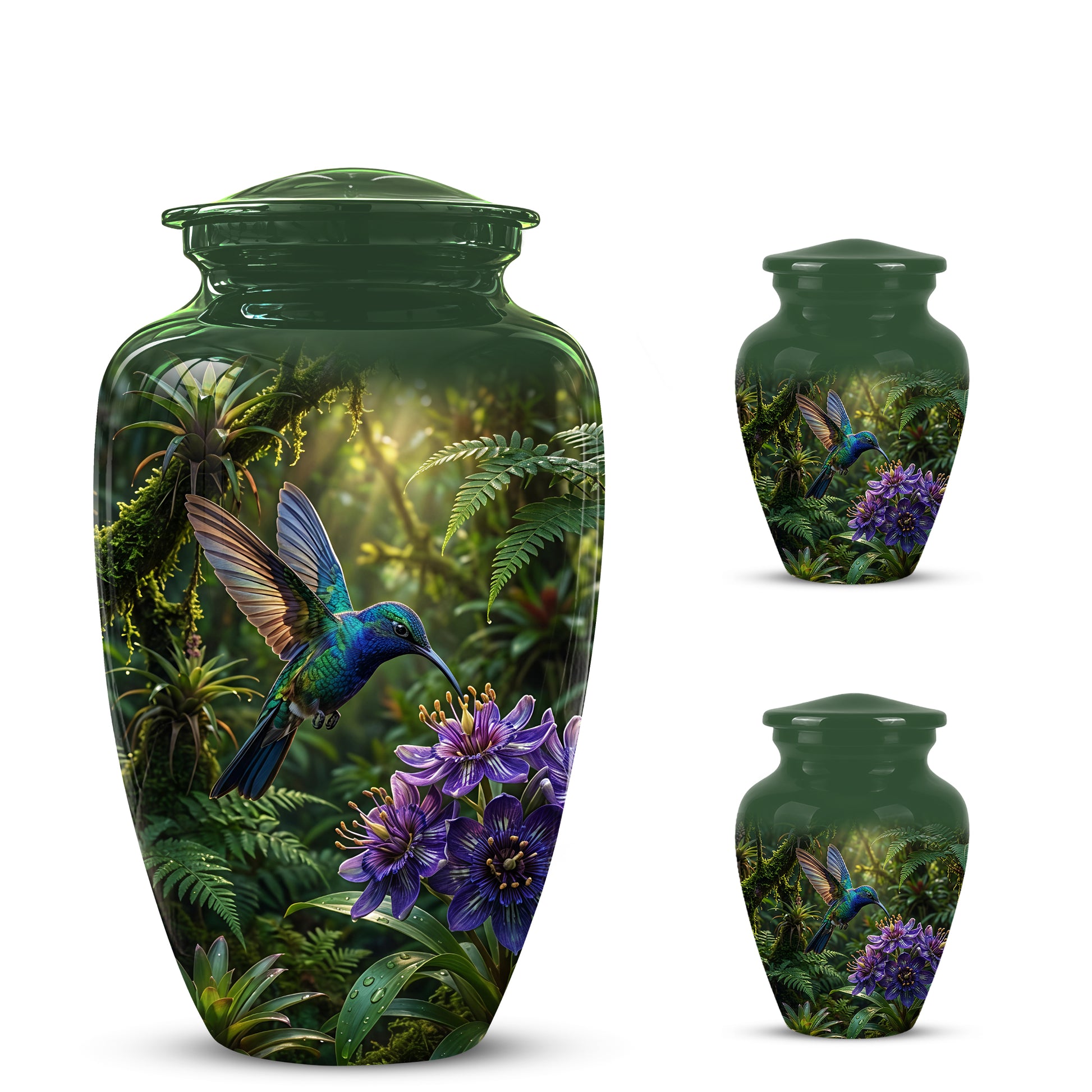 Flying Hummingbird Themed Urn - Beautiful Purple Flower Cremation Urns