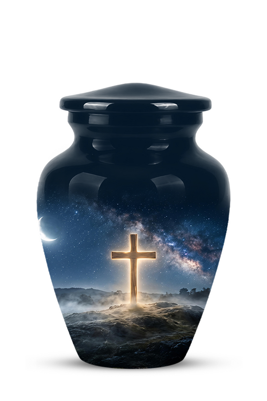 Jesus Cross In Night Sky Urn - Artistic Funeral Memorial Urns For Human Ashes