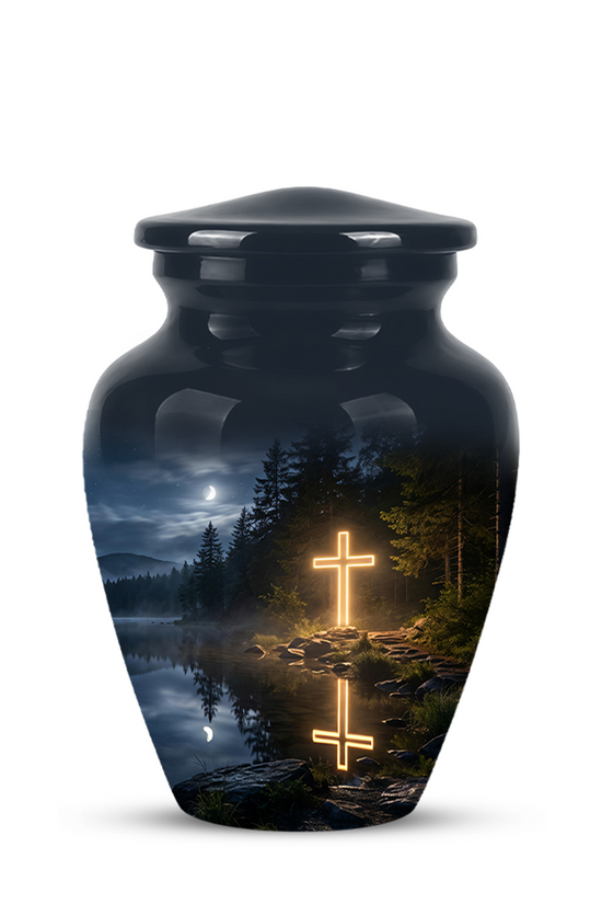 Glowing Cross In Forest - A Peaceful Tribute For Spiritual Human Ashes