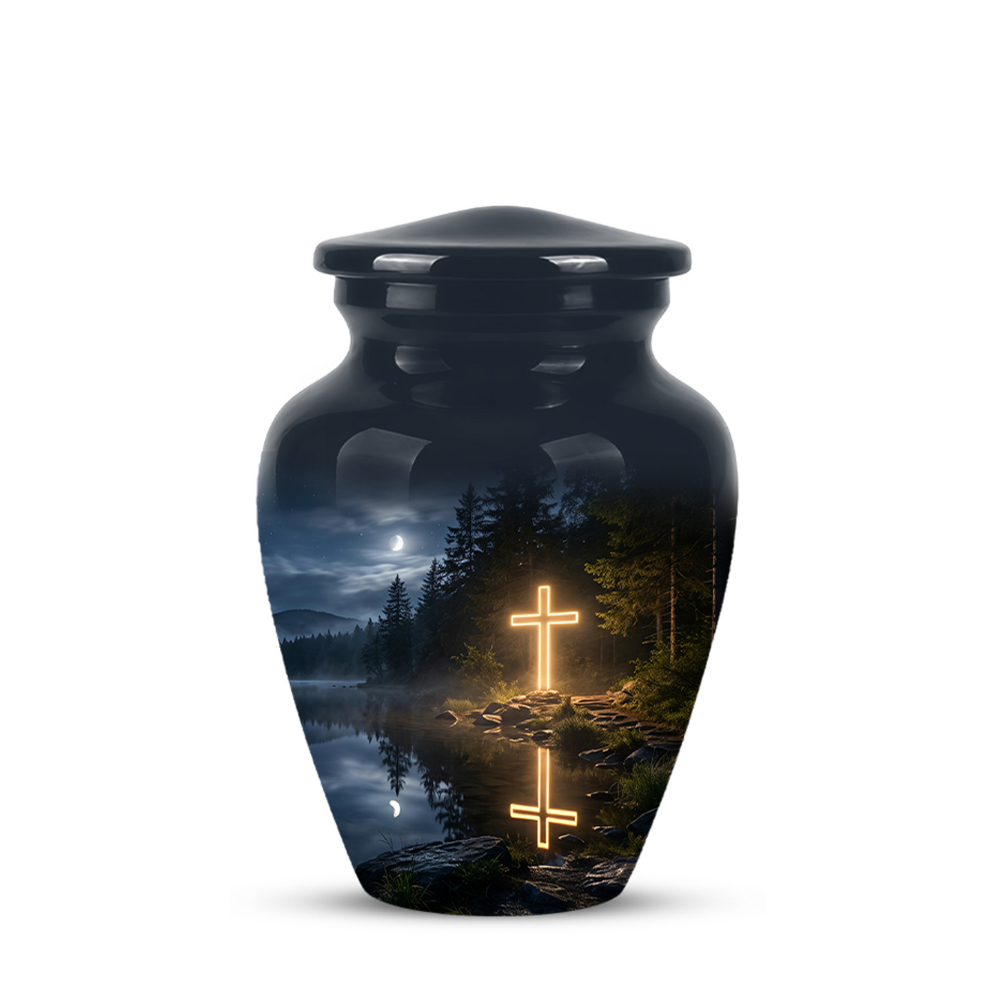 Glowing Cross In Forest - A Peaceful Tribute For Spiritual Human Ashes