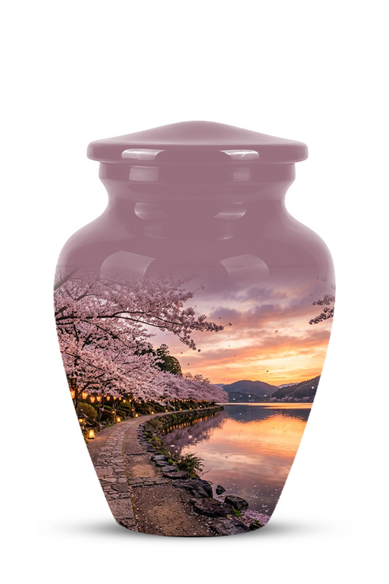 Pink Spring Tree Cremation Urns - Beautiful Nature Sunset Burial Urns