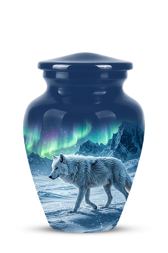 Snowy Wolf Cremation Urn - Northern Light Memorial Urn For Human Ashes