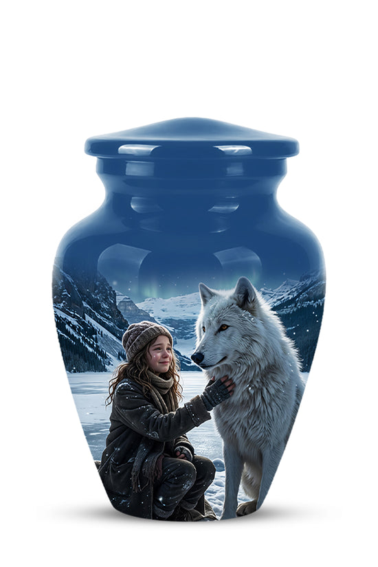Snowy Moonlit White Wolf Urn for Ashes | Custom Memorial Urn