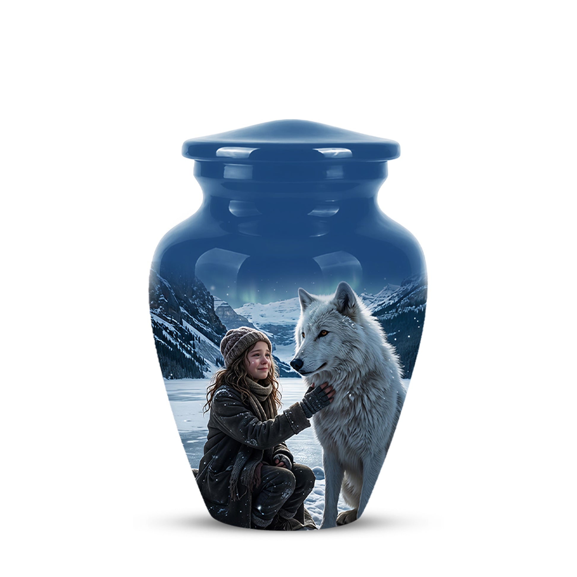 Snowy Moonlit White Wolf Urn for Ashes | Custom Memorial Urn