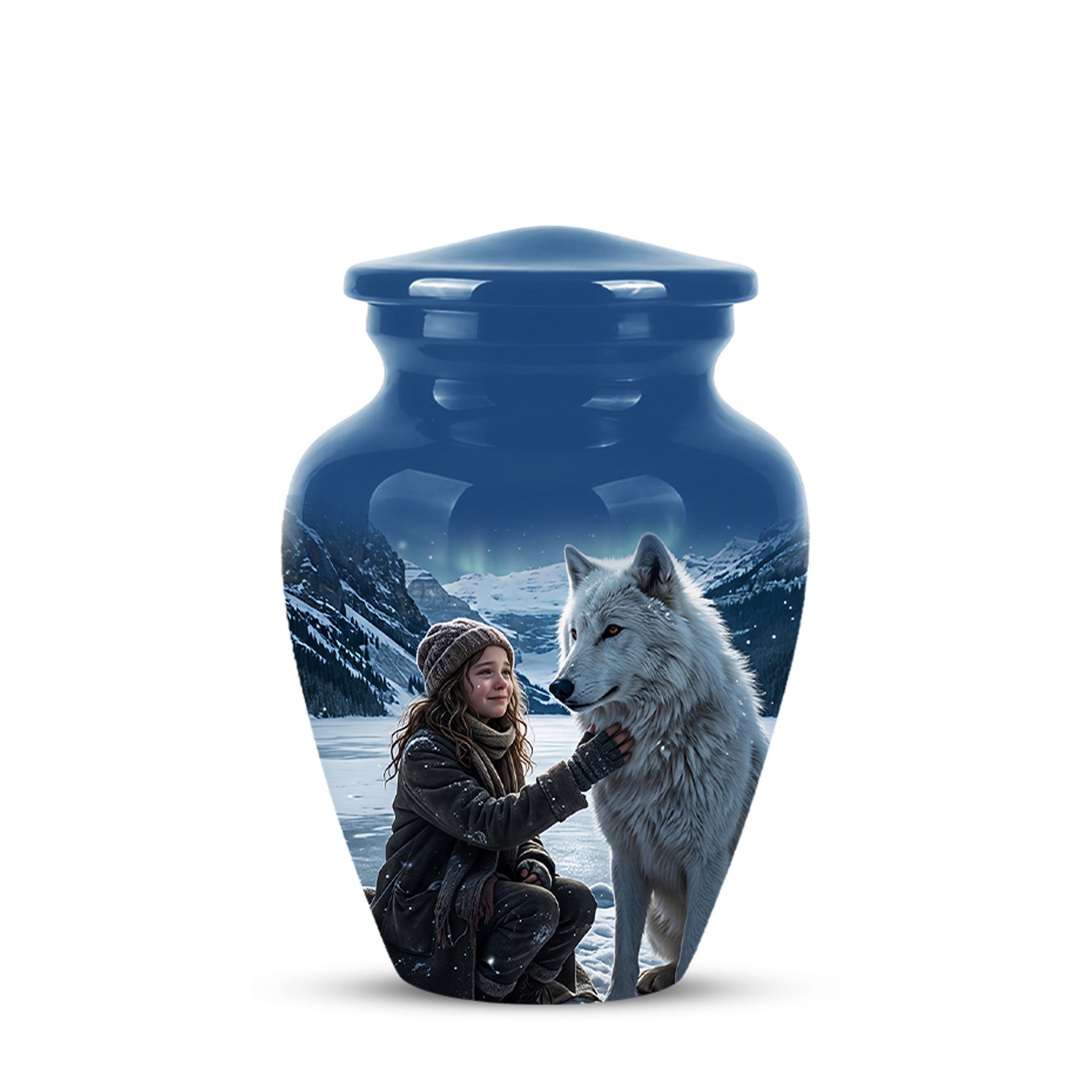 Snowy Moonlit White Wolf Urn for Ashes | Custom Memorial Urn