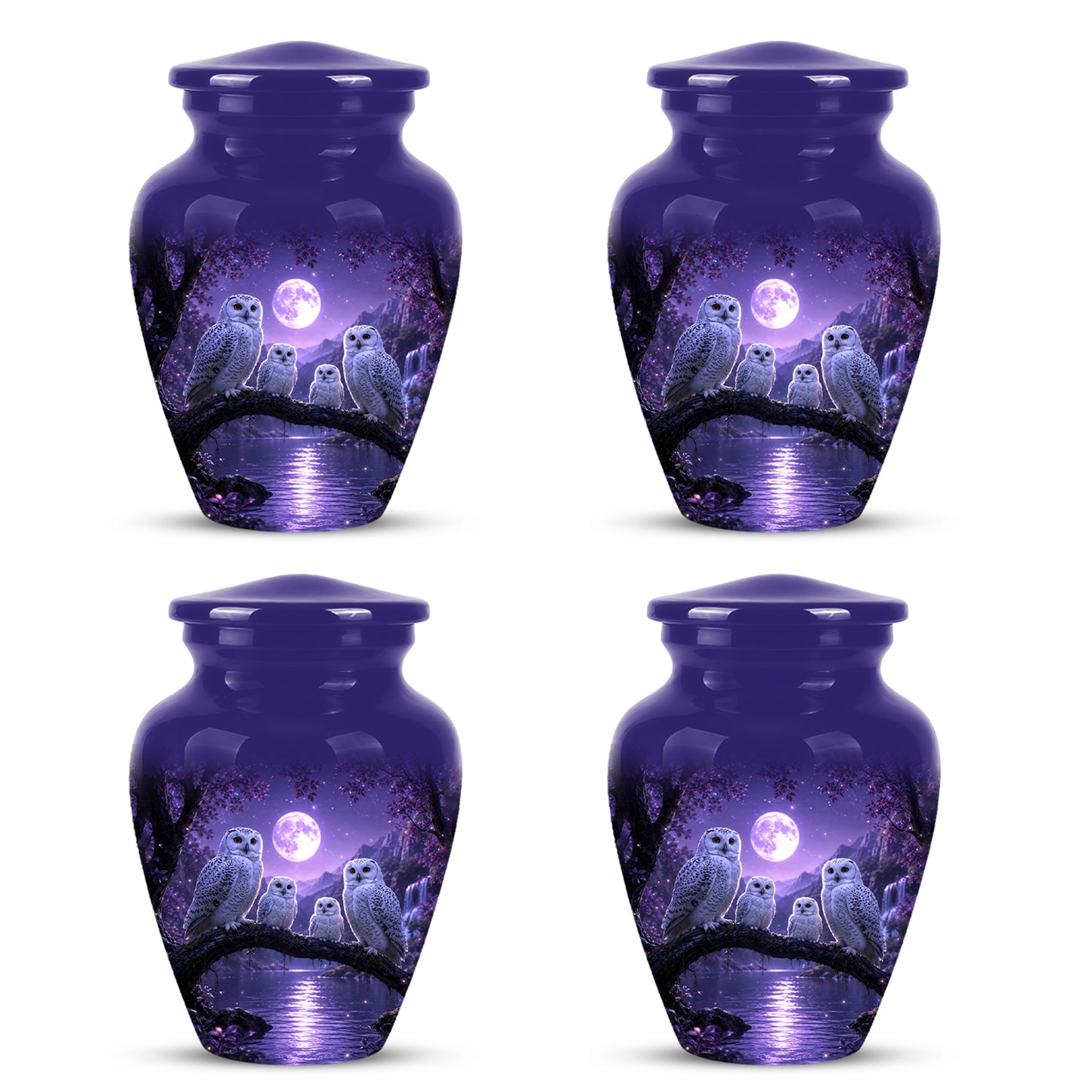 Snowy Owl Family Themed Cremation Urn - Purple Moonlight Memorial Urns