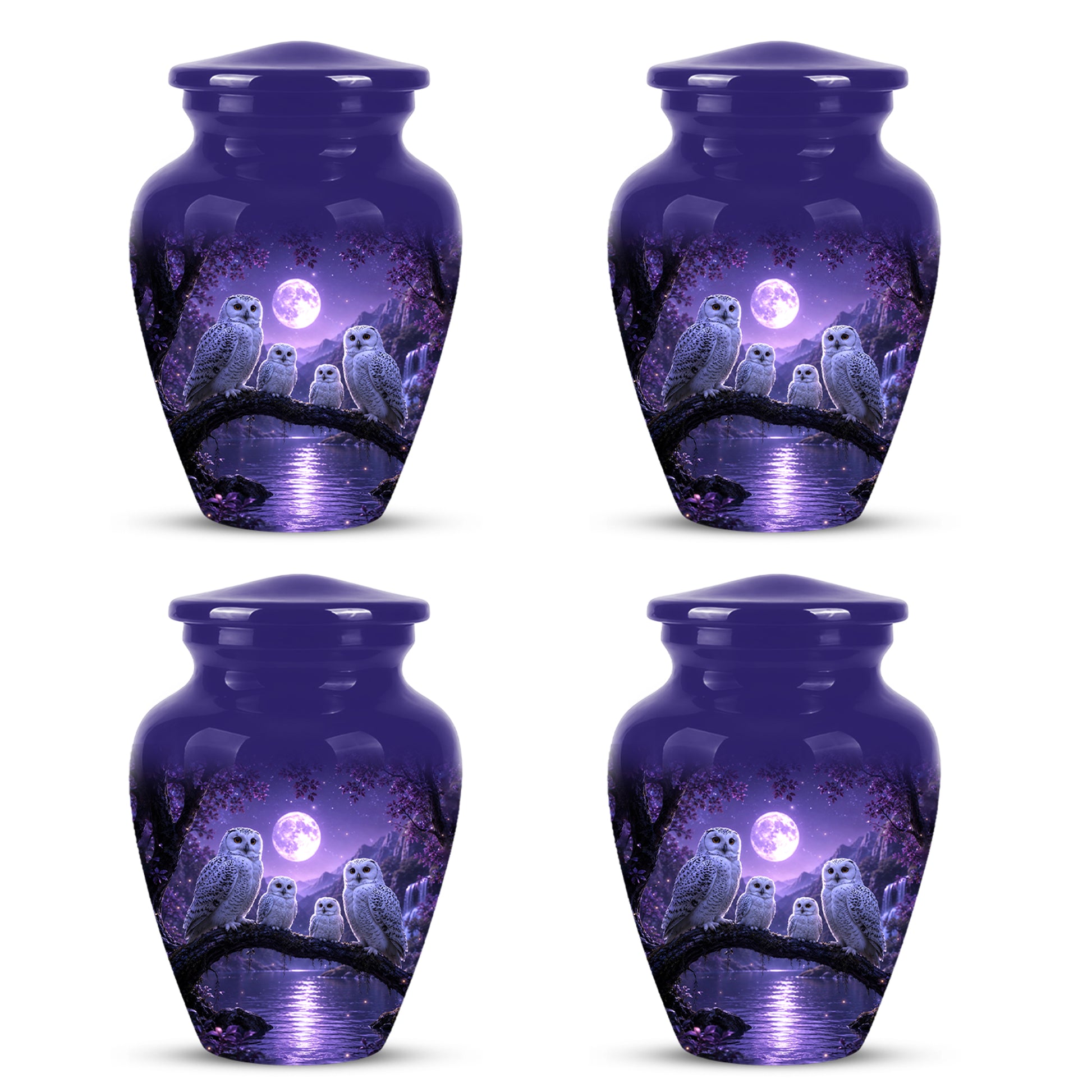 Snowy Owl Family Themed Cremation Urn - Purple Moonlight Memorial Urns