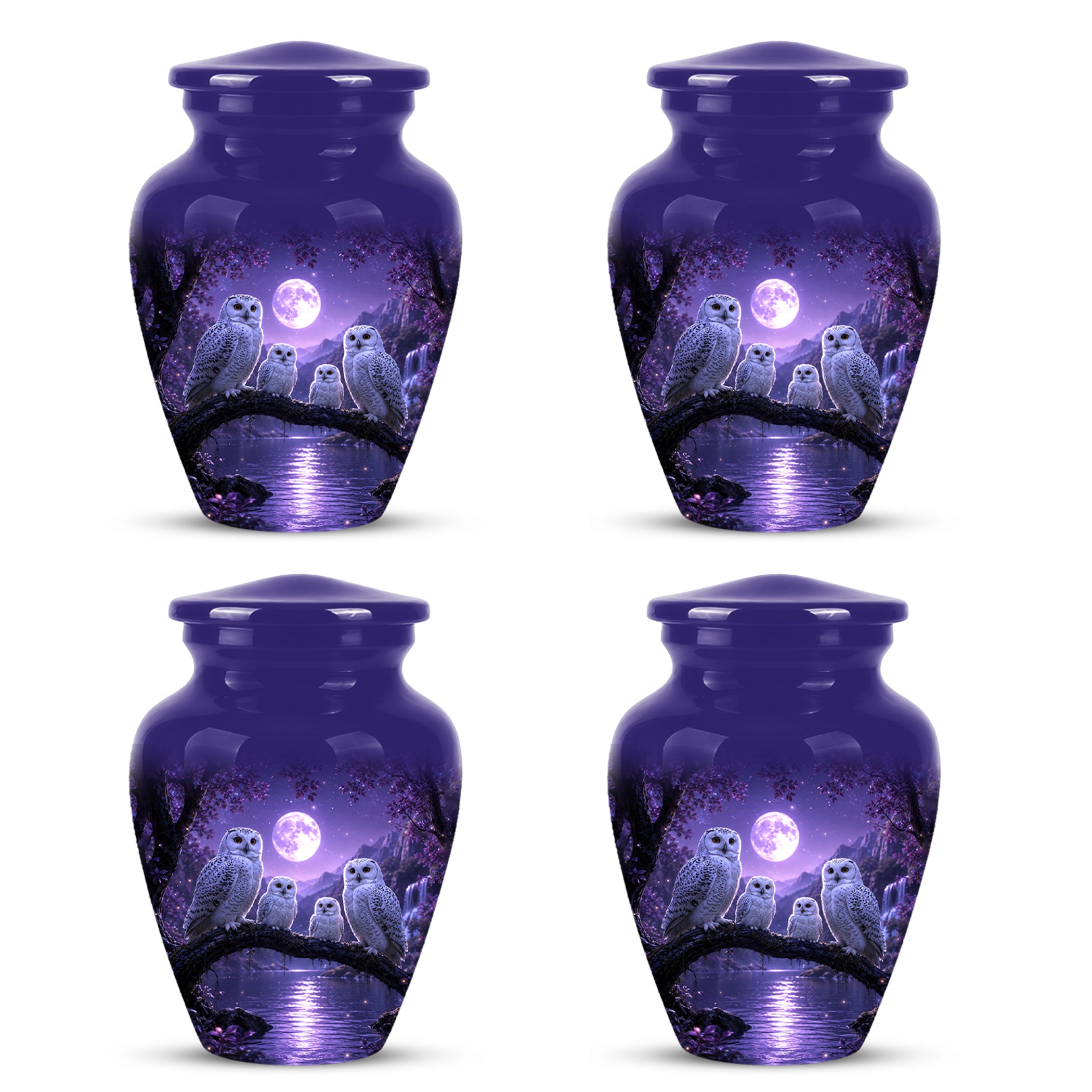 Snowy Owl Family Themed Cremation Urn - Purple Moonlight Memorial Urns