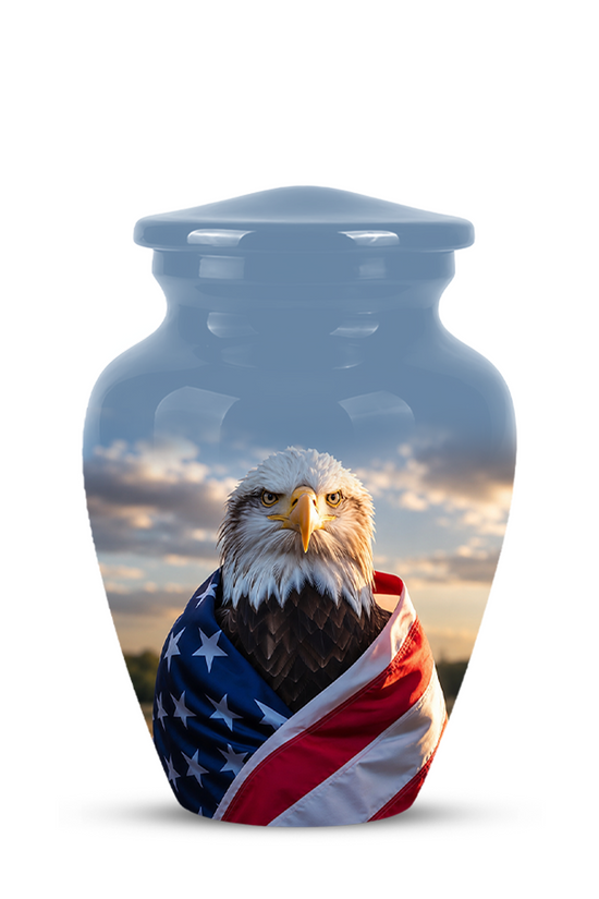 Bald Eagle Draped in American Flag - Patriotic Burial Urns For Human Ashes