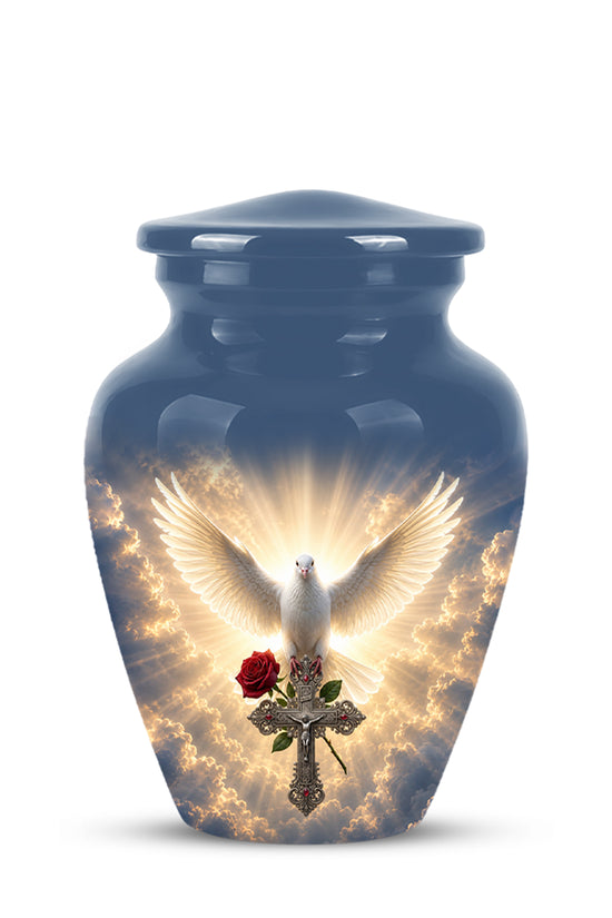 White Dove Bird With Rose - Blue Memorial Urns For Human Ashes