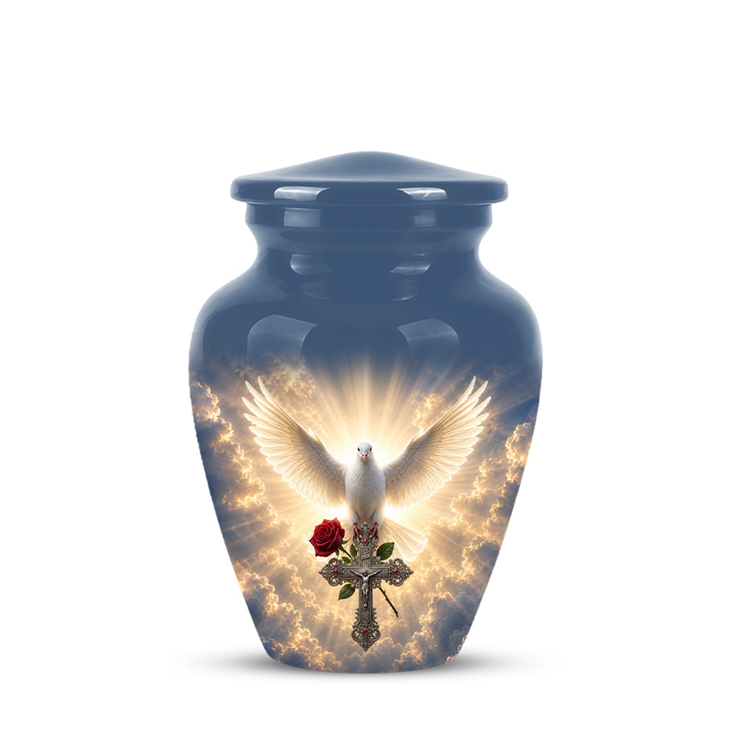 White Dove Bird With Rose - Blue Memorial Urns For Human Ashes