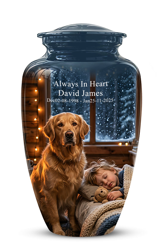 Golden Retriever Dog With Child - Beautiful Custom Pet Urns For Ashes