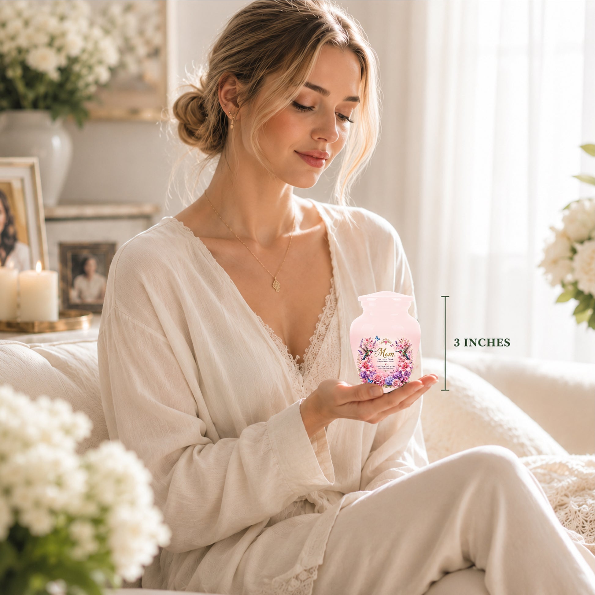 Hummingbird Floral Memorial Urn for Mother – Pink Aluminium Cremation Urn for Loved ones