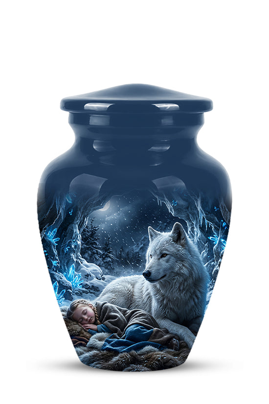 White Wolf With Girl Urn - Custom Memorial Urns For Men & Women Ashes