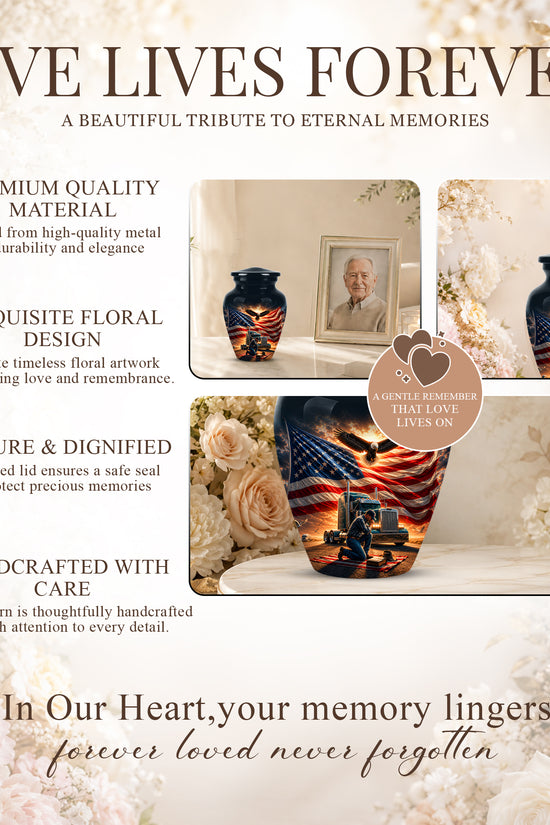 Personalized Patriotic Truck Driver Funeral Urn with American Flag Design
