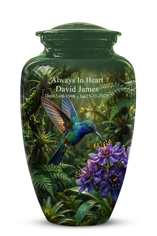 Flying Hummingbird Themed Urn - Beautiful Purple Flower Cremation Urns