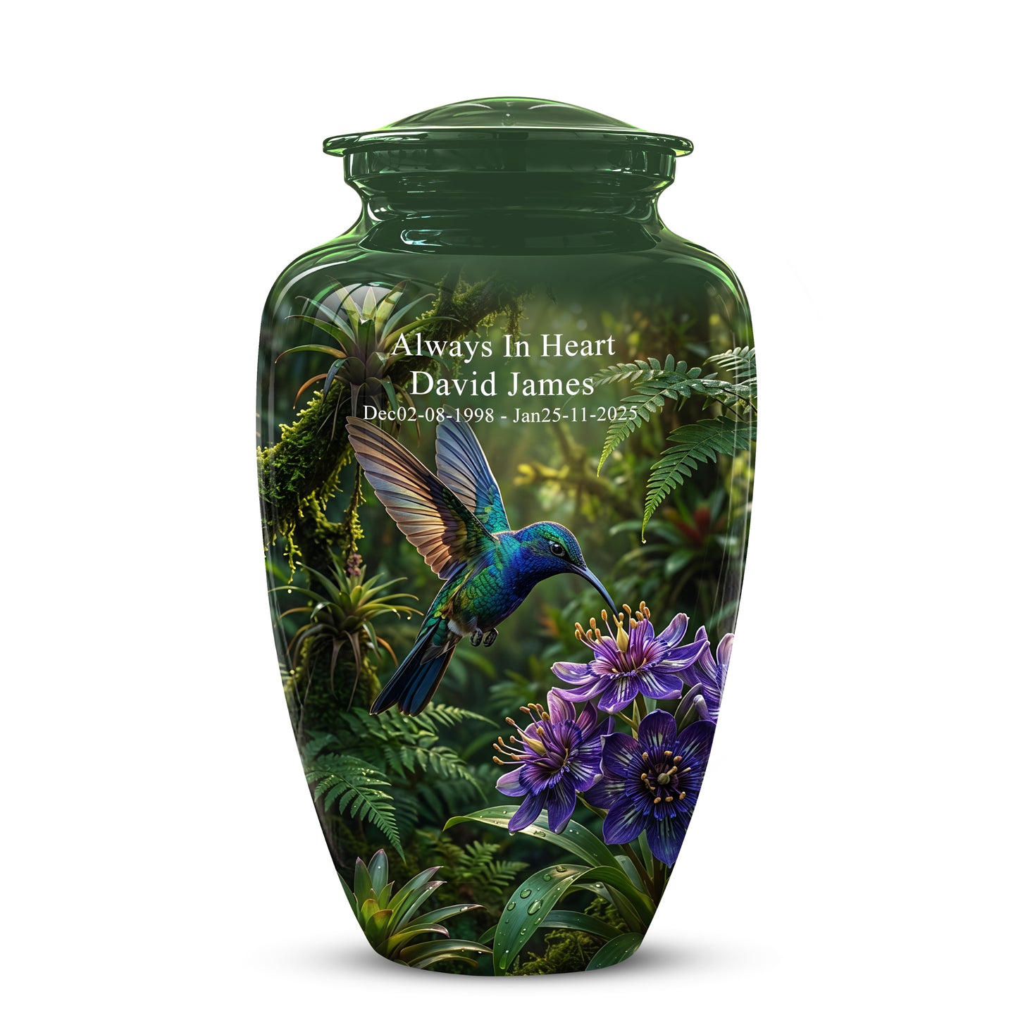 Flying Hummingbird Themed Urn - Beautiful Purple Flower Cremation Urns