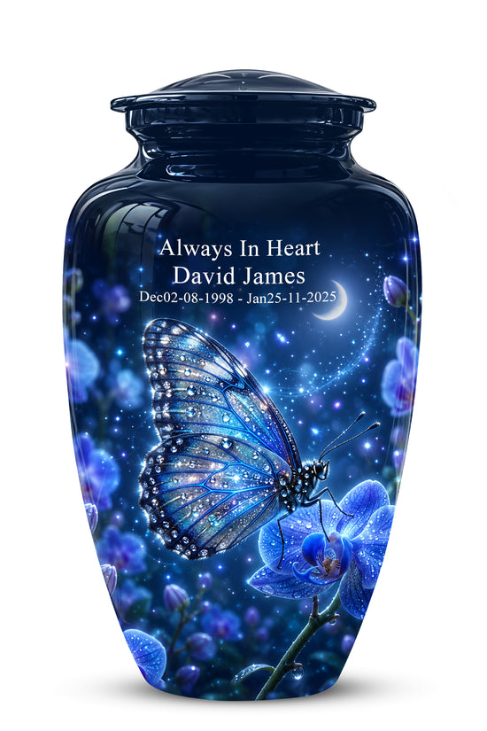Blue Butterfly On Flower -Starry Night Burial Urns For Human Ashes