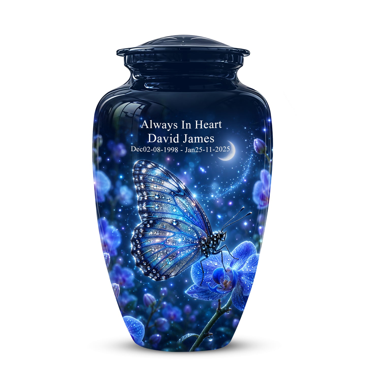 Blue Butterfly On Flower -Starry Night Burial Urns For Human Ashes