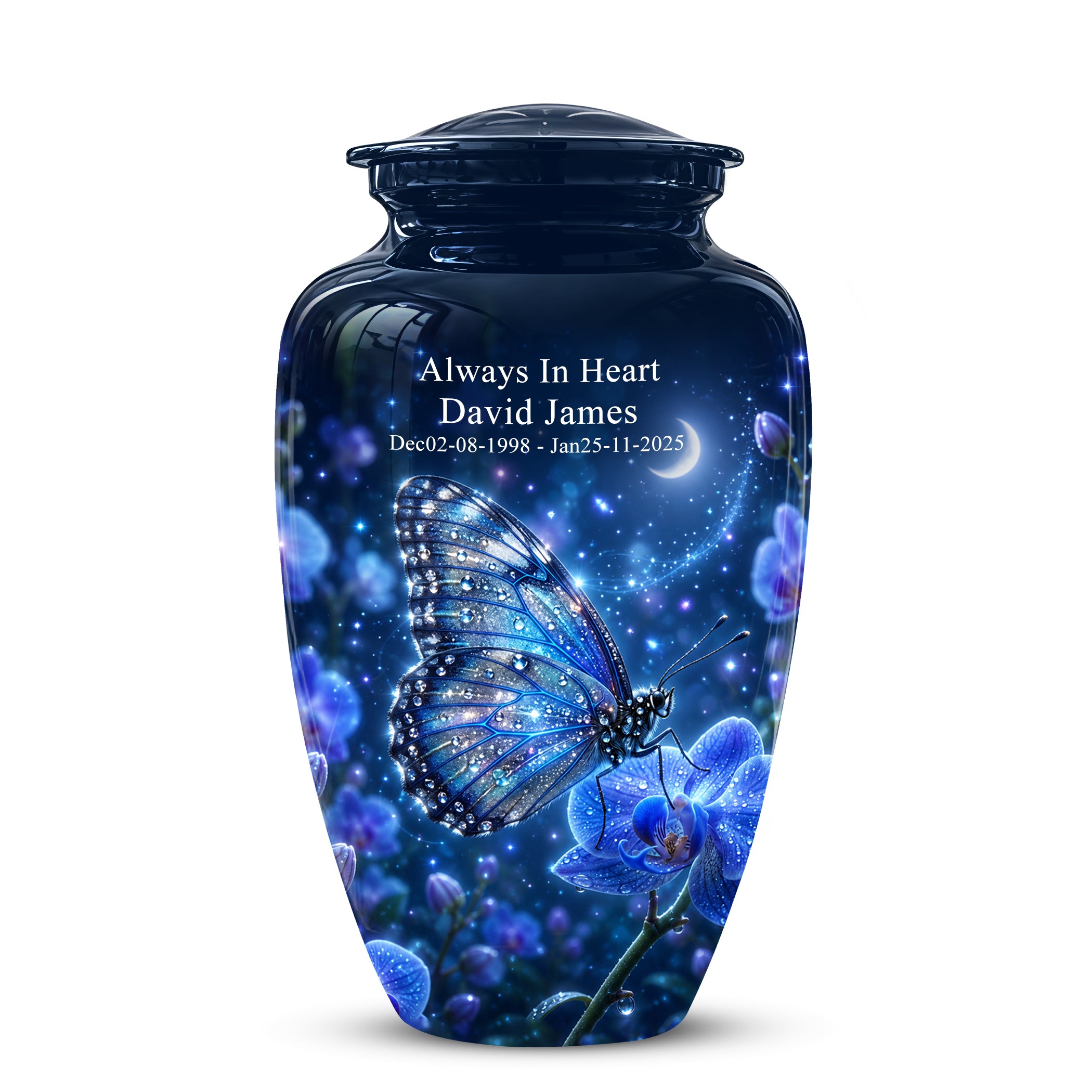 Blue Butterfly On Flower -Starry Night Burial Urns For Human Ashes