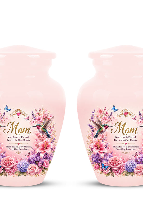 Hummingbird Floral Memorial Urn for Mother – Pink Aluminium Cremation Urn for Loved ones