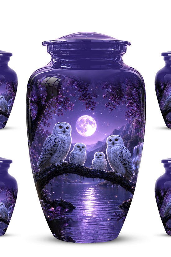 Snowy Owl Family Themed Cremation Urn - Purple Moonlight Memorial Urns