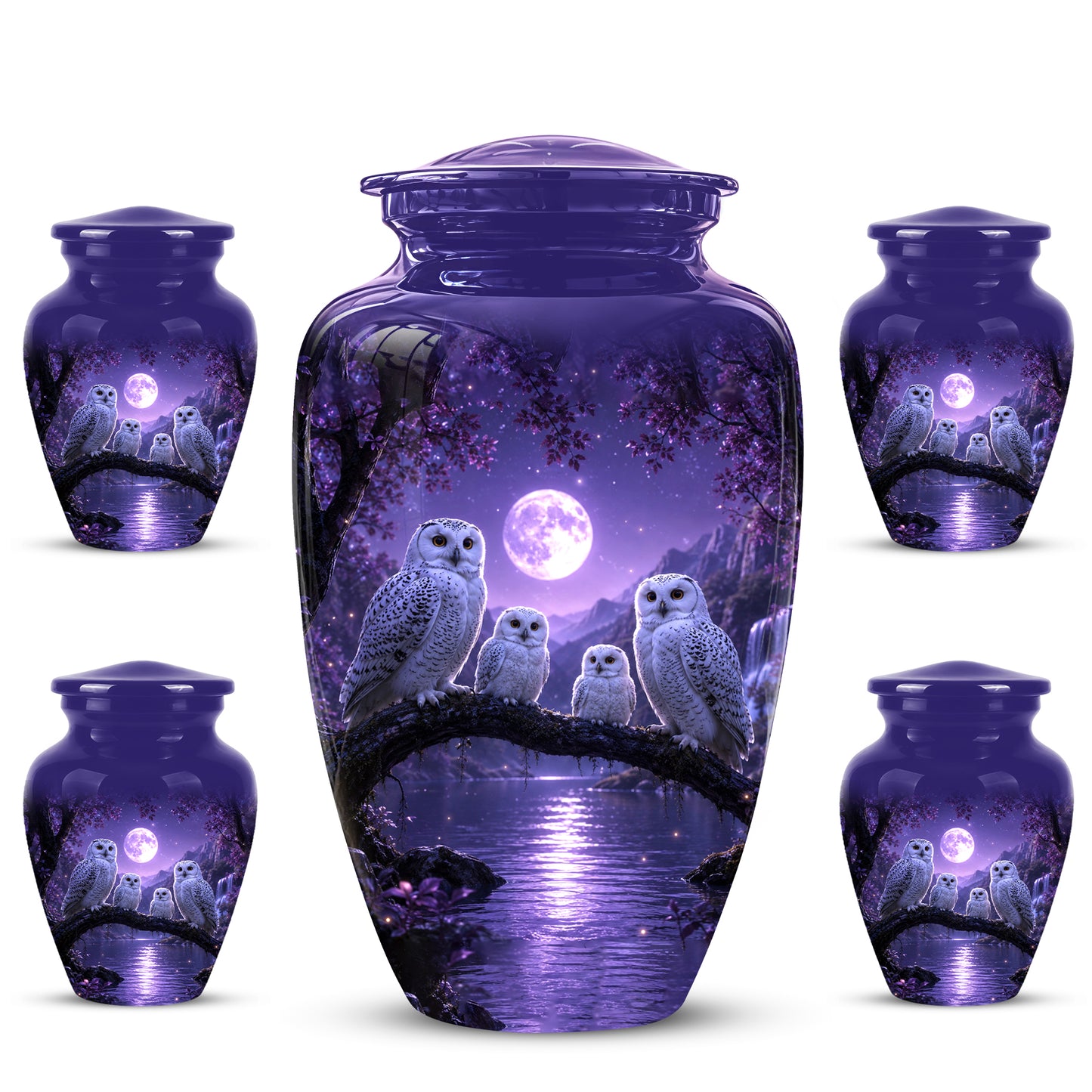Snowy Owl Family Themed Cremation Urn - Purple Moonlight Memorial Urns