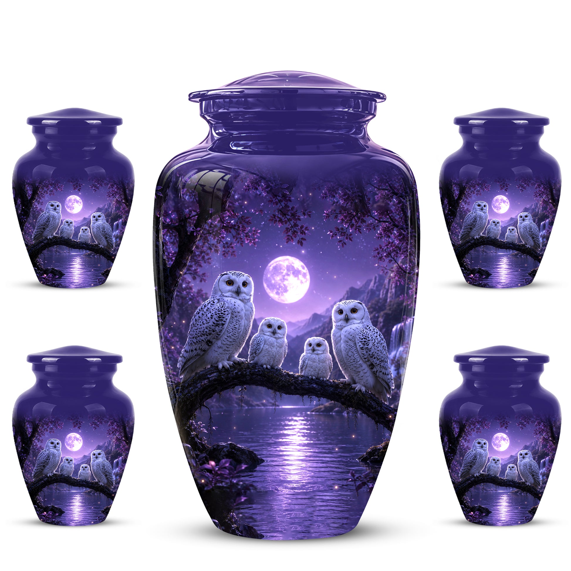 Snowy Owl Family Themed Cremation Urn - Purple Moonlight Memorial Urns