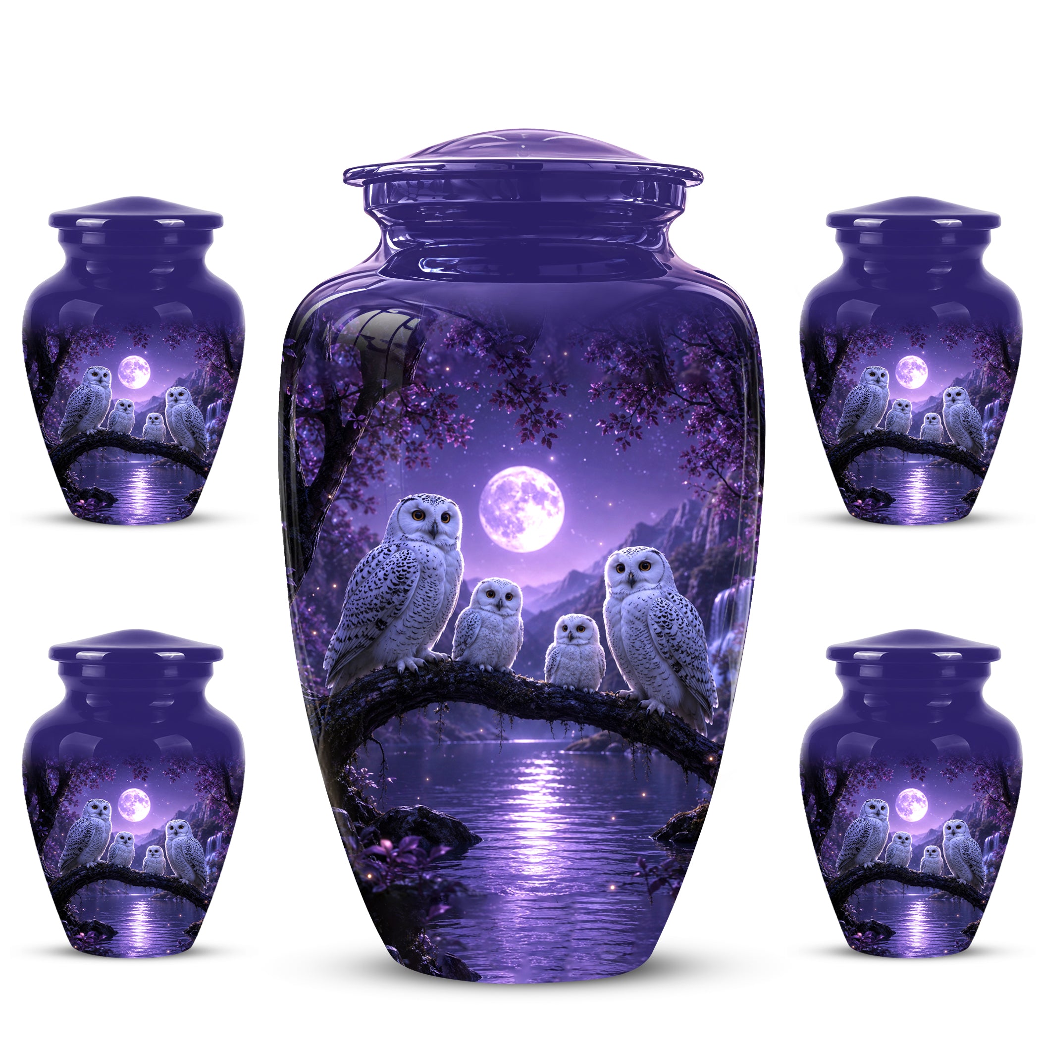 Snowy Owl Family Themed Cremation Urn - Purple Moonlight Memorial Urns
