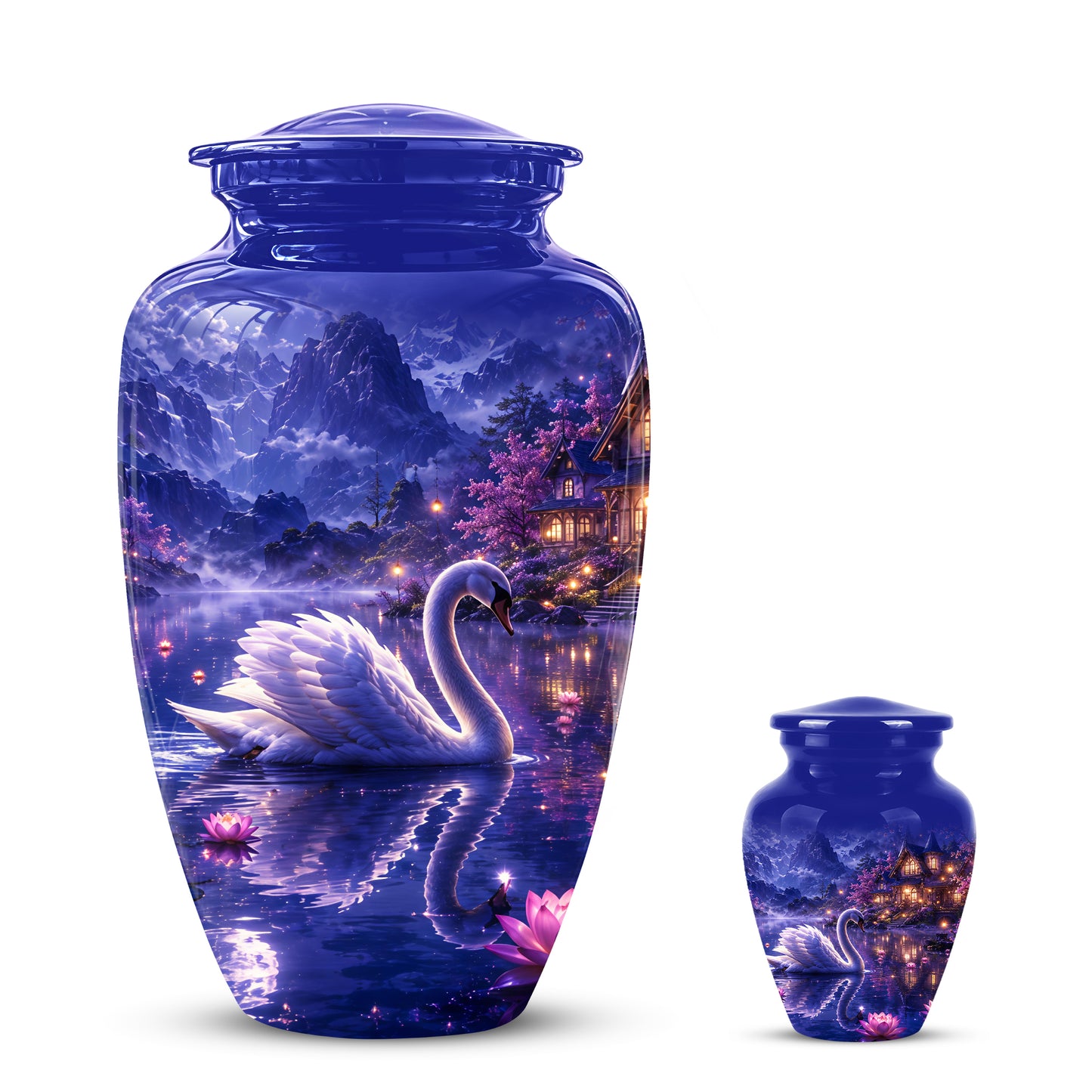 White Swan Cremation Urn - Night Landscape Funeral Urns For Human Ashes