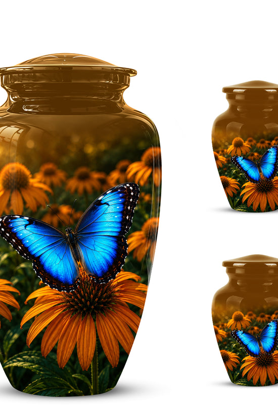 Blue Butterfly On Flower Cremation Urn - Personalized Urns For Mom Ashes