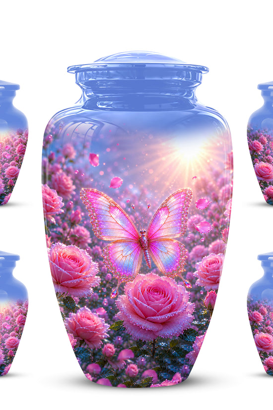 Pink Butterfly On Flower Funeral Urn - Handcrafted Urns For Mom Ashes
