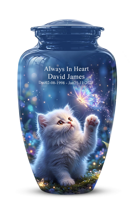 White Cat With Majestic Butterfly - Blue Cremation Urns For Human Ashes