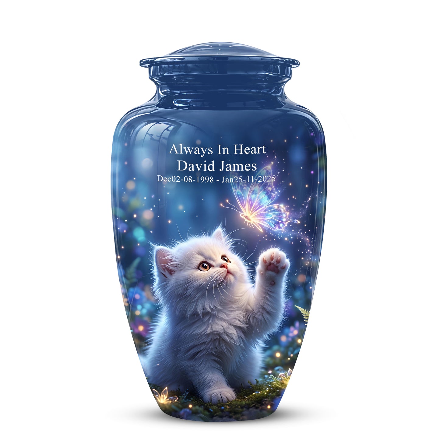 White Cat With Majestic Butterfly - Blue Cremation Urns For Human Ashes