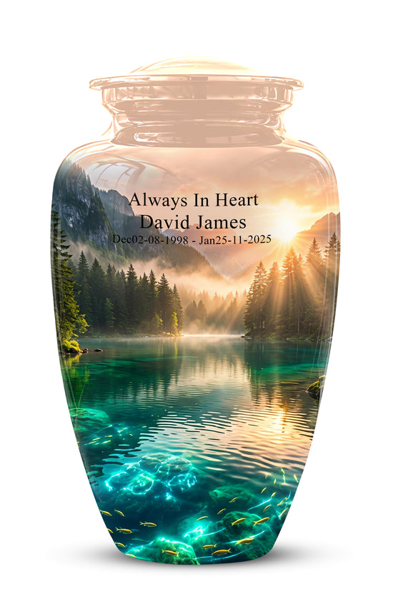 Serene Mountain Lake Cremation Urn- Custom Memorial Art Urns For Ashes