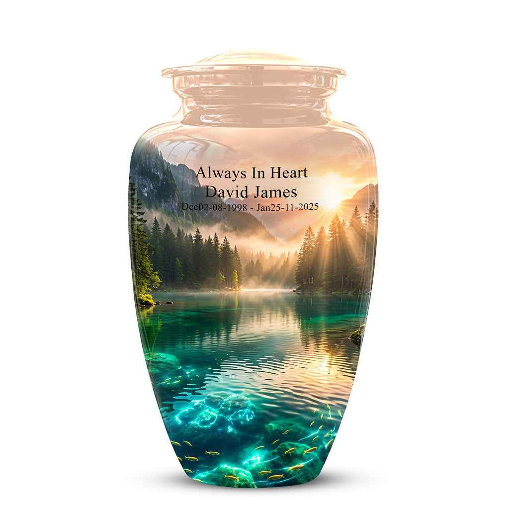Serene Mountain Lake Cremation Urn- Custom Memorial Art Urns For Ashes